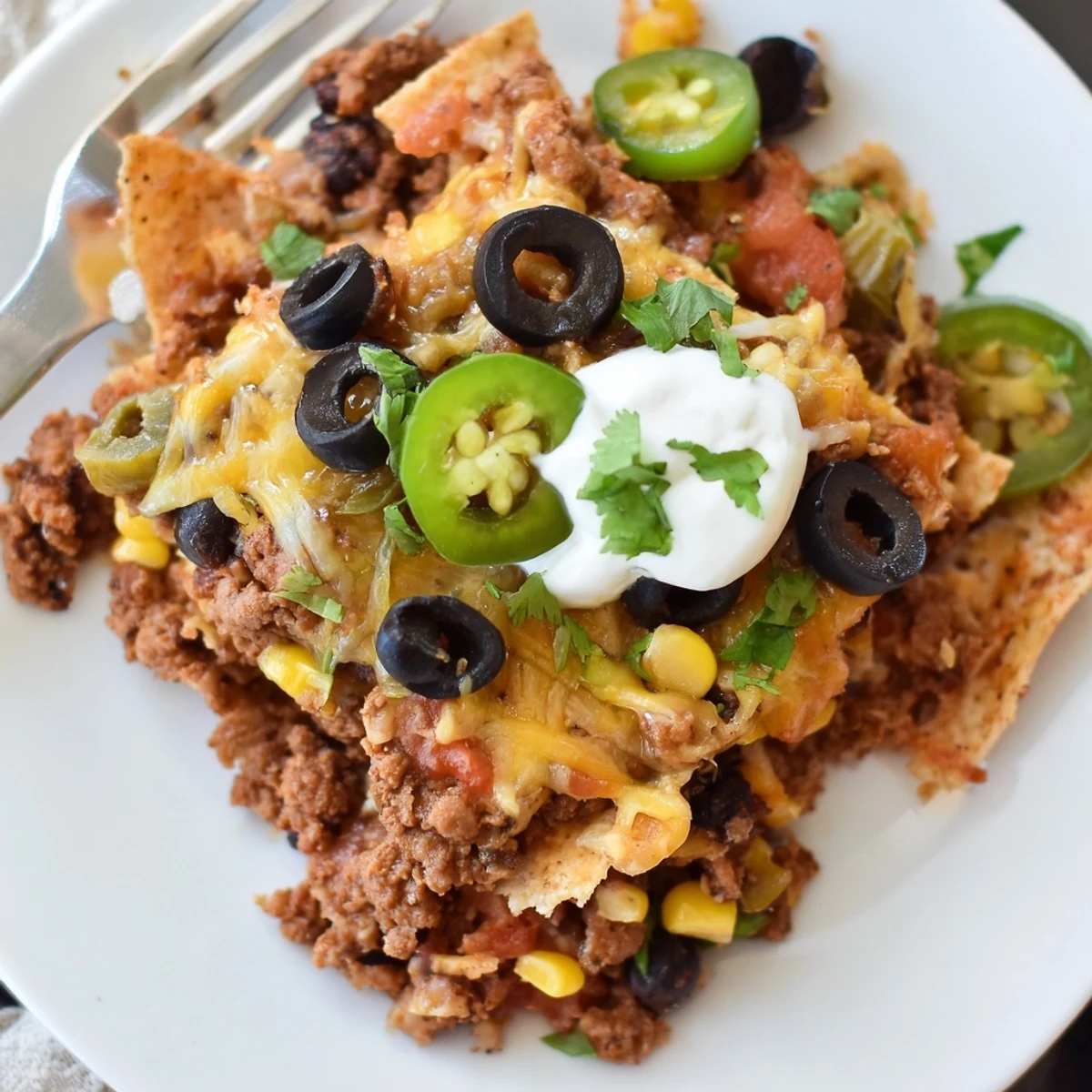 Cheesy Nacho Casserole bubbling with golden melted cheese, crisp chips peeking through
