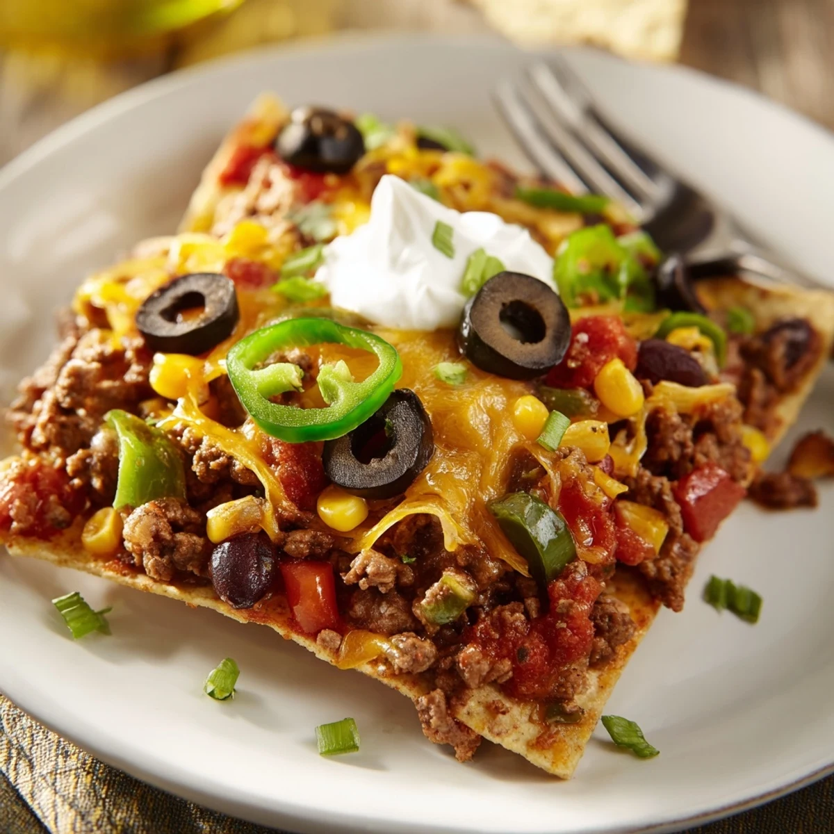 Cheesy Nacho Casserole served hot with sour cream dollop and sliced jalapeños