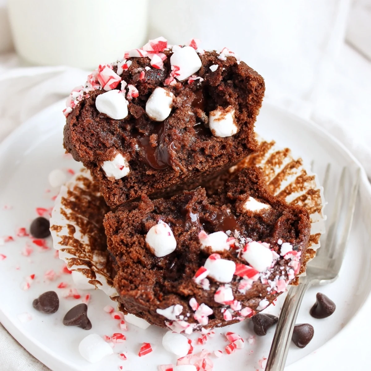 Peppermint Hot Chocolate Muffins on a rack, glossy chips and minty aroma