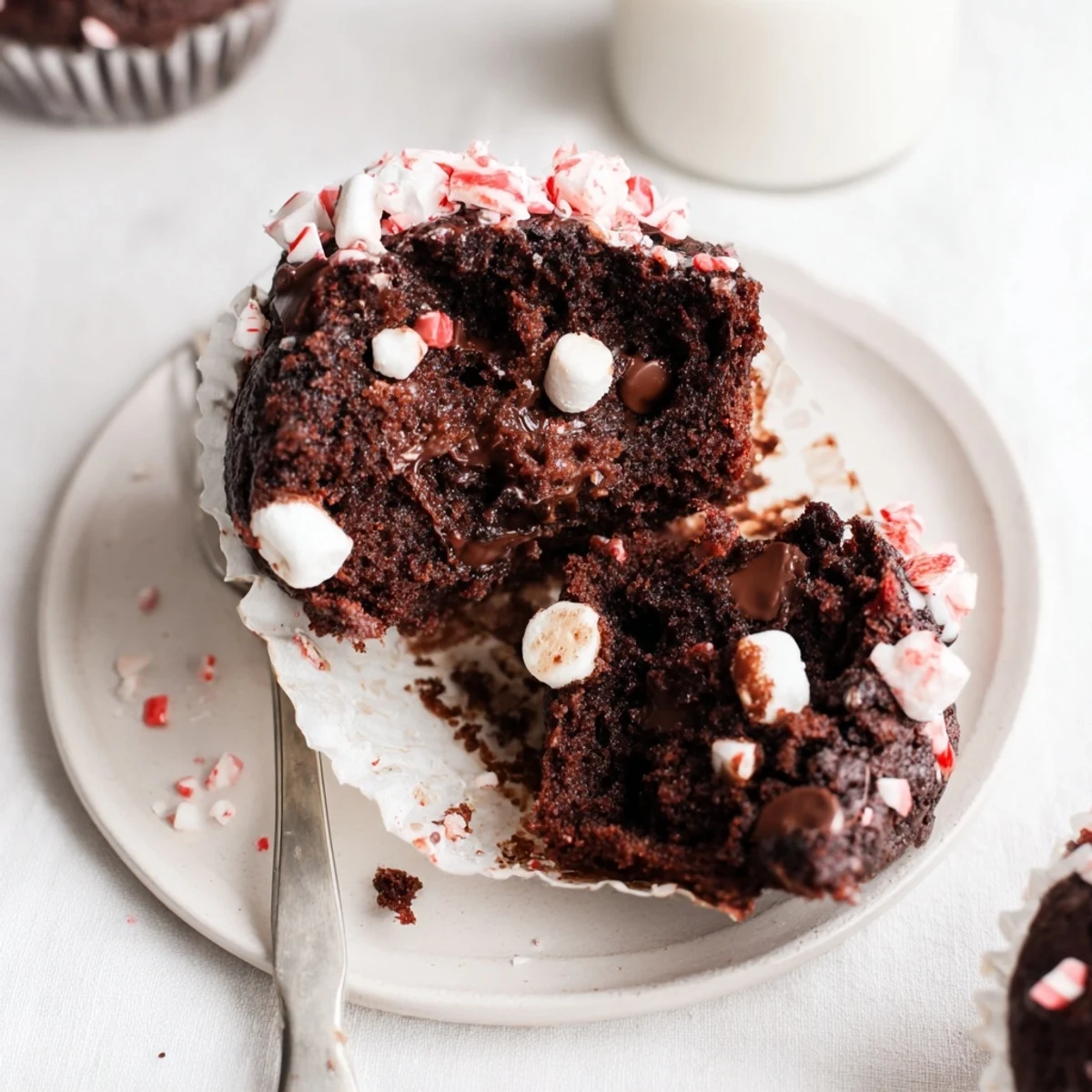 Warm Peppermint Hot Chocolate Muffins topped with mini marshmallows, steam rising