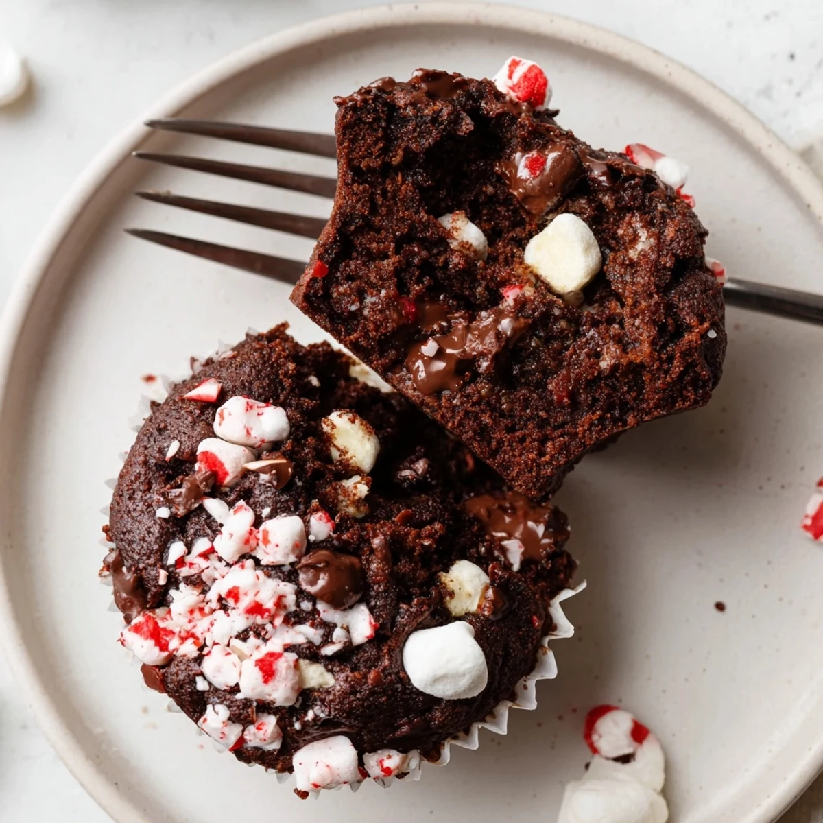 Plate of Peppermint Hot Chocolate Muffins, moist crumb, sprinkled crushed candy