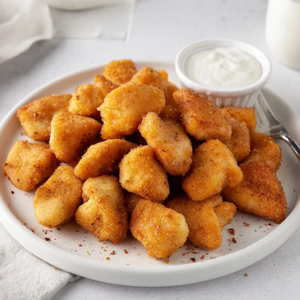 Crispy, seasoned Chicken Bites resting on paper towels, steam rising, ready.