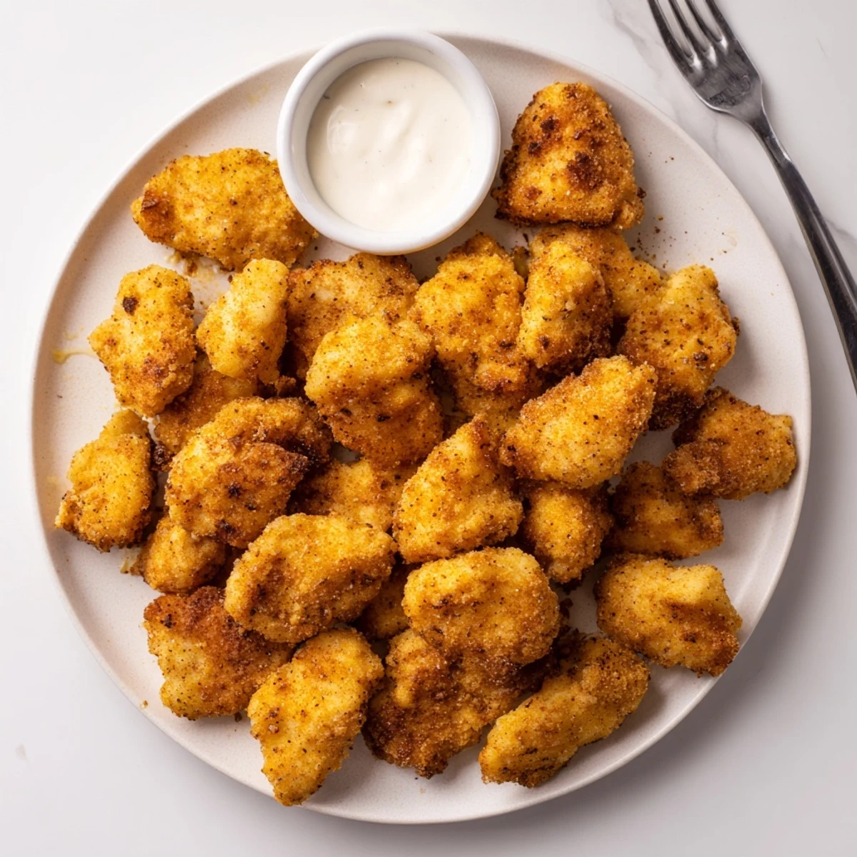 Buttermilk marinated Chicken Bites piled on a platter with ranch.