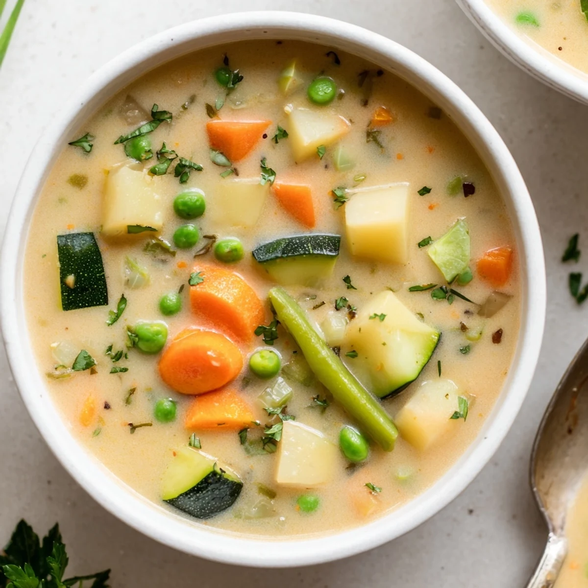 Bowl of Creamy Vegetable Soup Recipe garnished with parsley, paired with bread