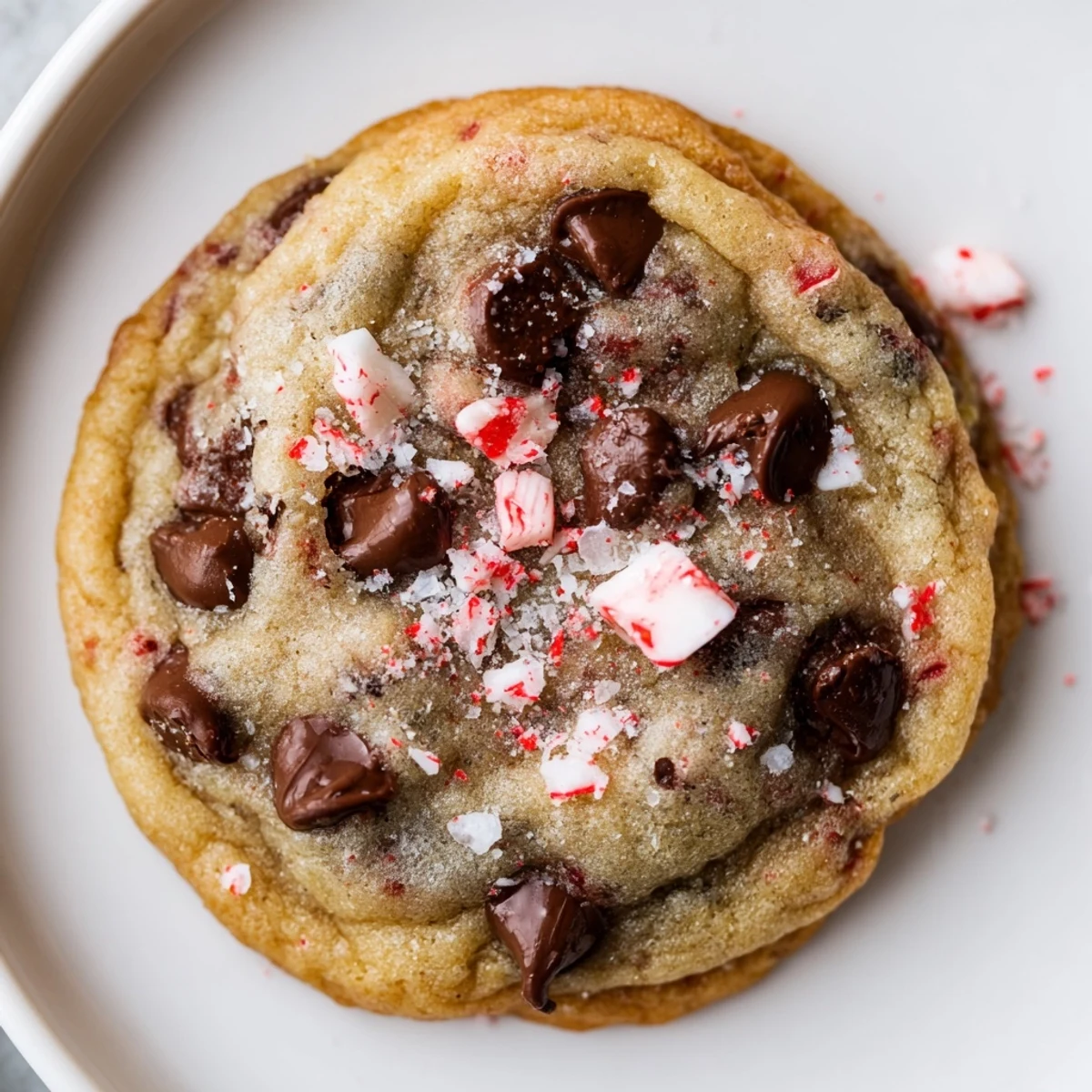 Plate of warm Peppermint Chocolate Chip Cookies, steaming, speckled with candy cane