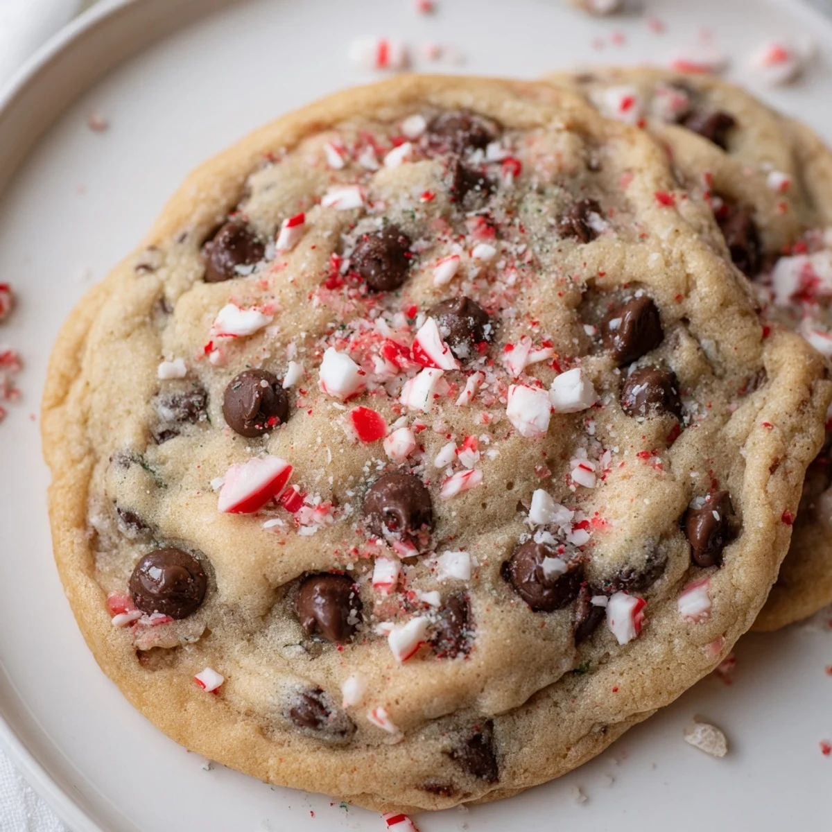 Peppermint Chocolate Chip Cookies cooling on a rack, glossy chips and crushed peppermint