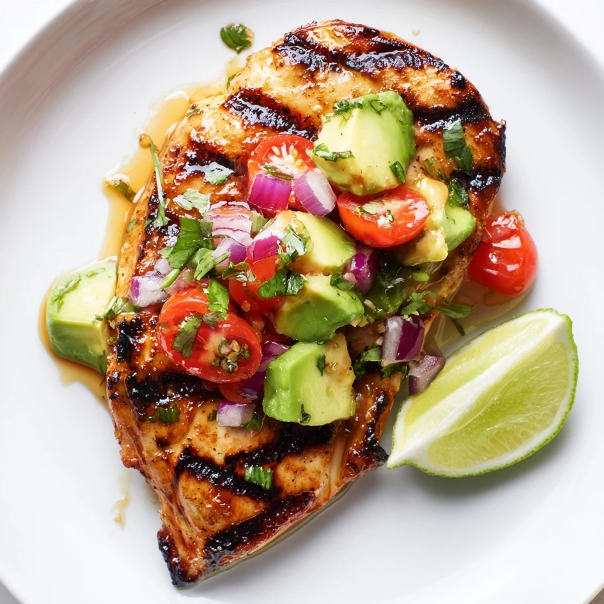 Grilled Fiesta Lime Chicken With Avocado topped with chunky tomato-cilantro salsa, lime.