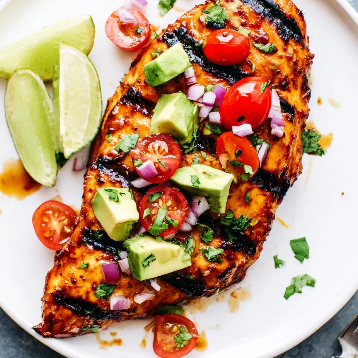 Citrusy Fiesta Lime Chicken With Avocado resting on grilled tortillas, cilantro garnish.