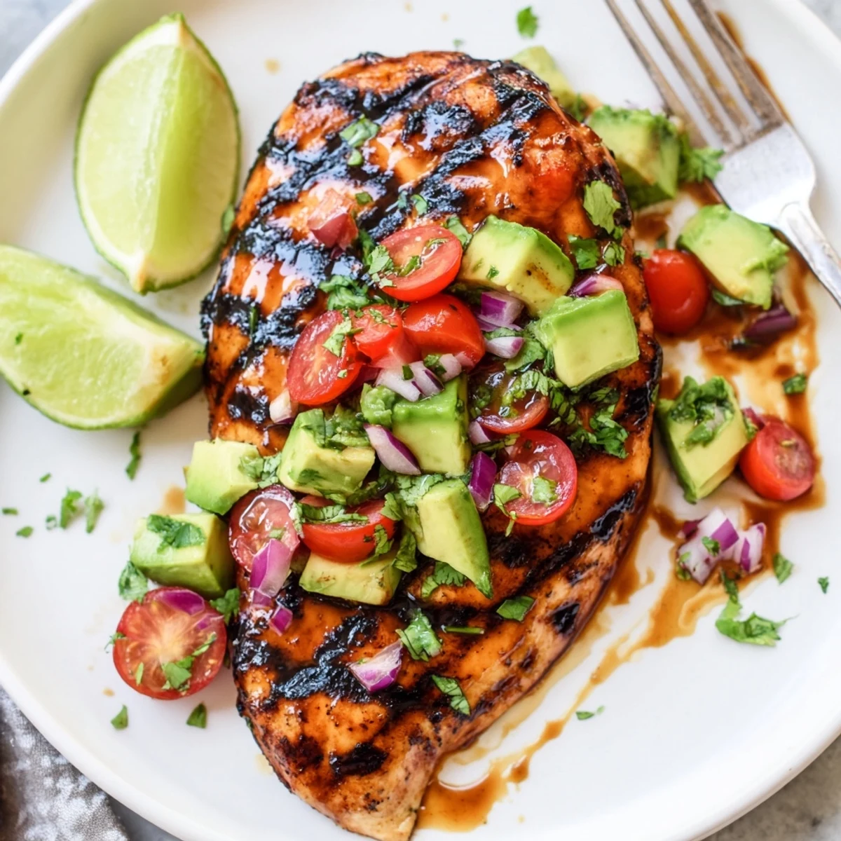 Grill-scented Fiesta Lime Chicken With Avocado, juicy slices topped with cilantro.