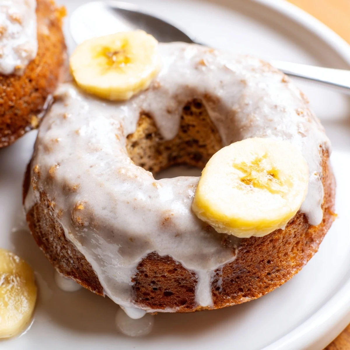Glazed Banana Donuts steaming slightly, speckled with cinnamon, perfect morning treat