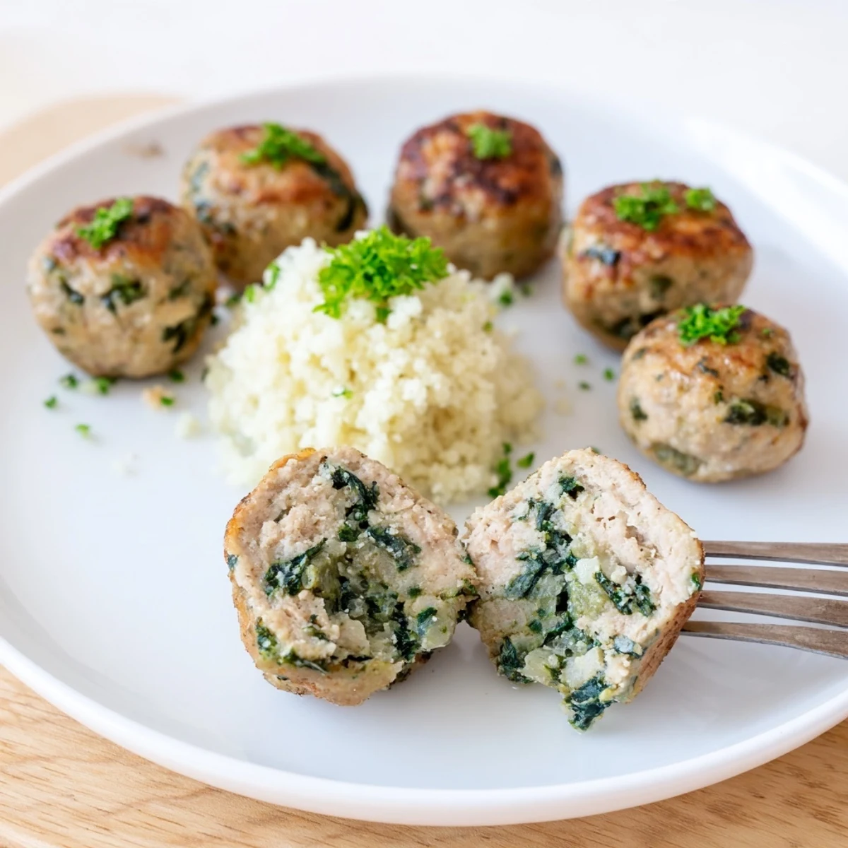 Juicy Low Carb Spinach Chicken Meatballs with warm marinara, steamy and aromatic