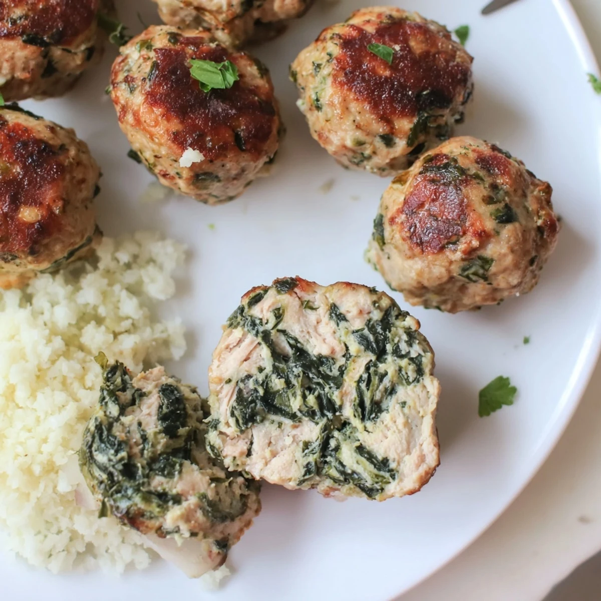 Golden-baked Low Carb Spinach Chicken Meatballs resting on parchment, parsley garnish
