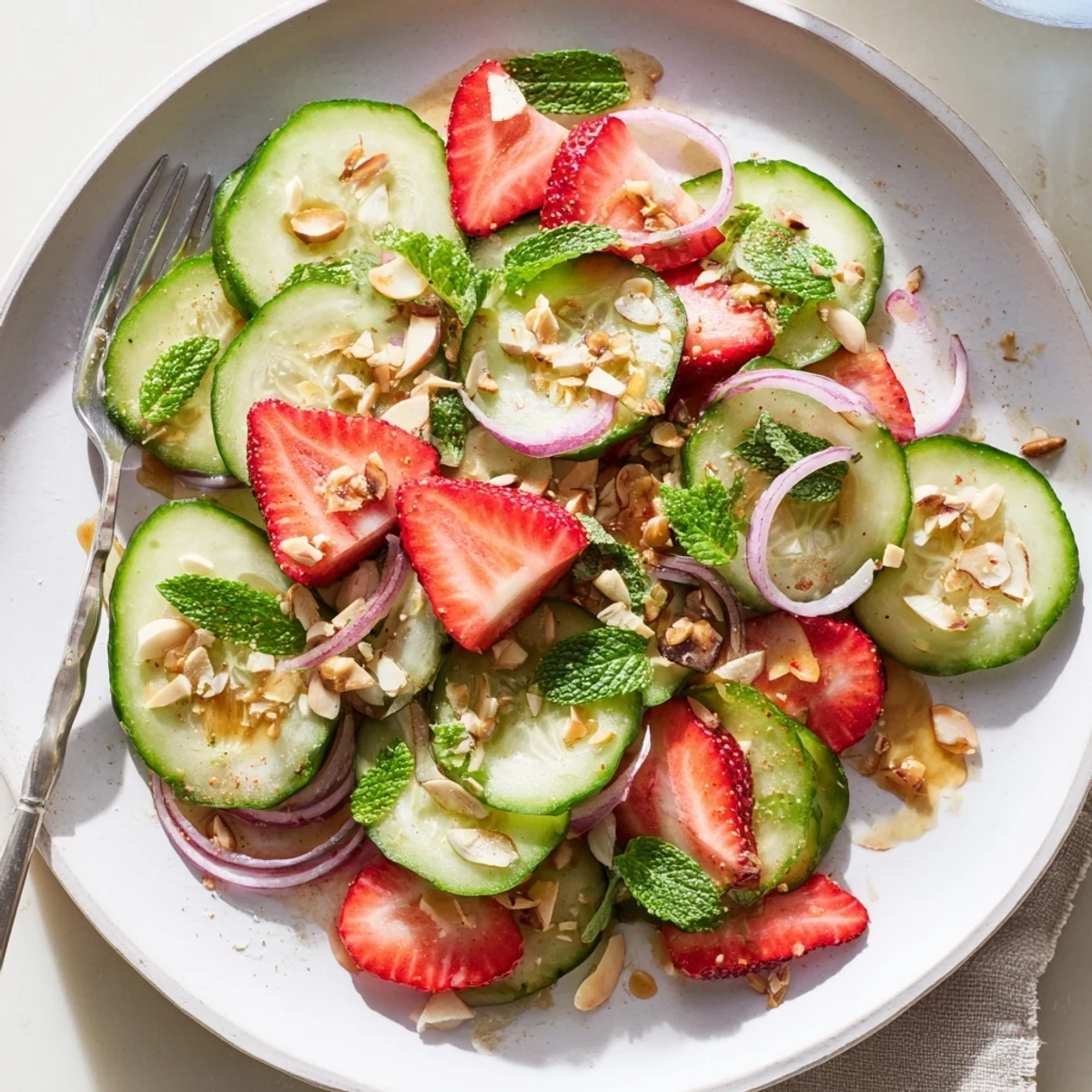 Cucumber Strawberry Salad Recipe with crisp cucumbers, juicy strawberries, tangy balsamic dressing.