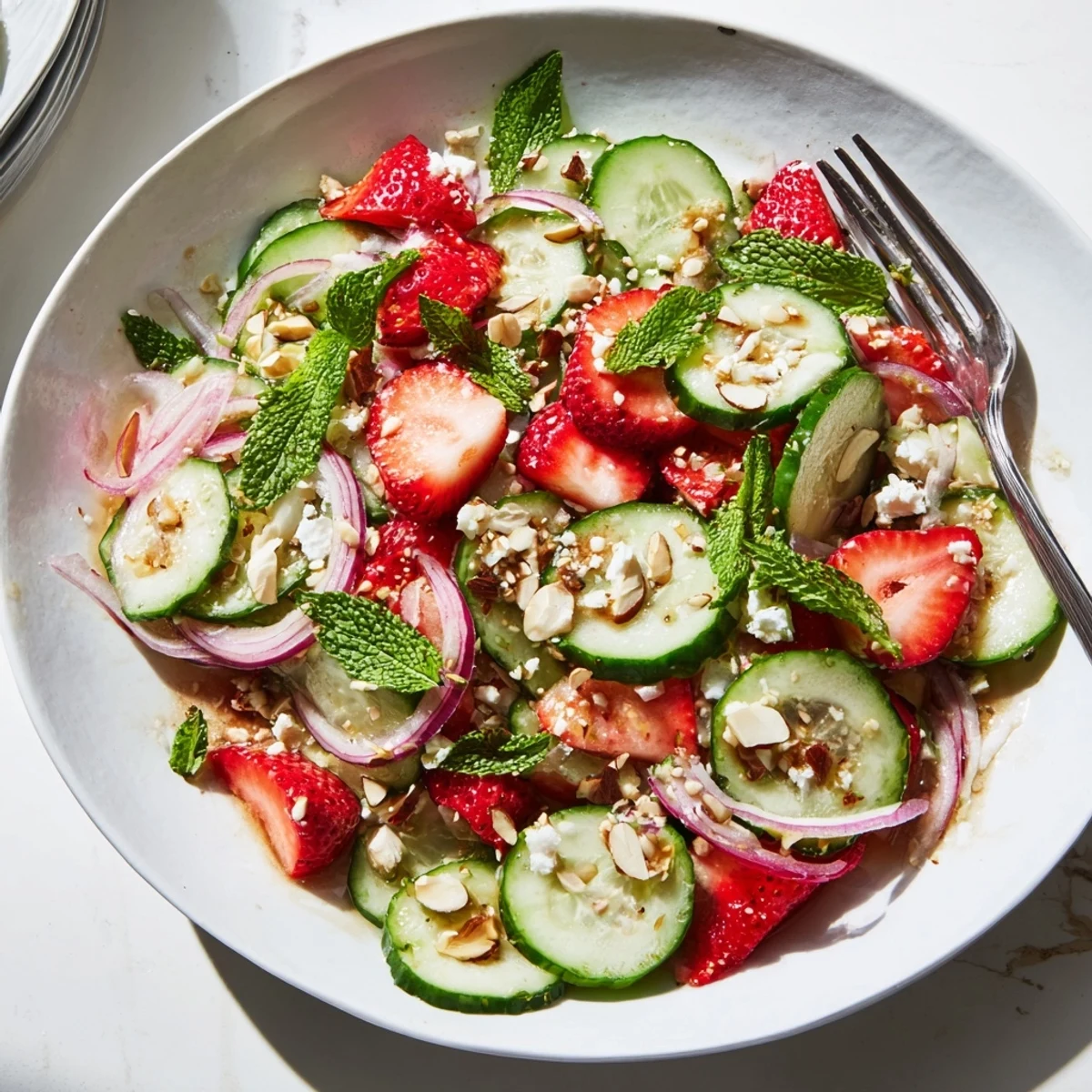 Bright Cucumber Strawberry Salad Recipe tossed with mint, feta, and toasted almonds.