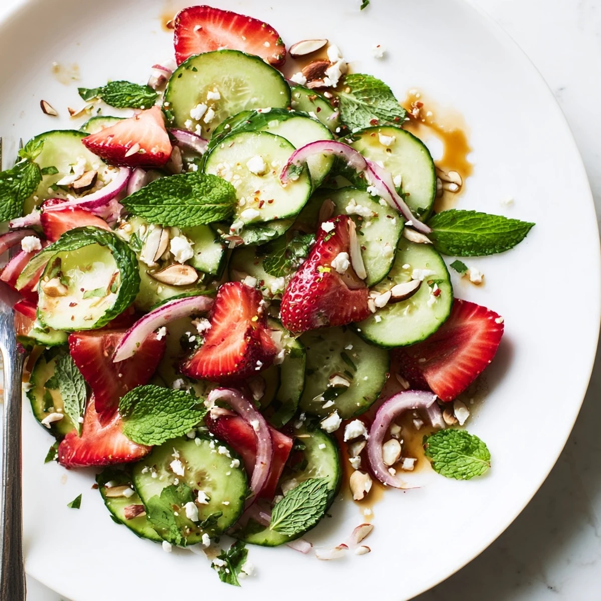 Perfect summer side: Cucumber Strawberry Salad Recipe served chilled with fragrant mint.