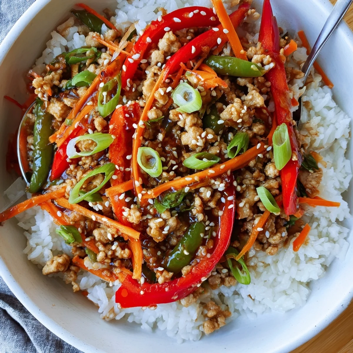 Fluffy jasmine rice cradles Teriyaki Turkey Rice Bowls garnished with sliced green onions
