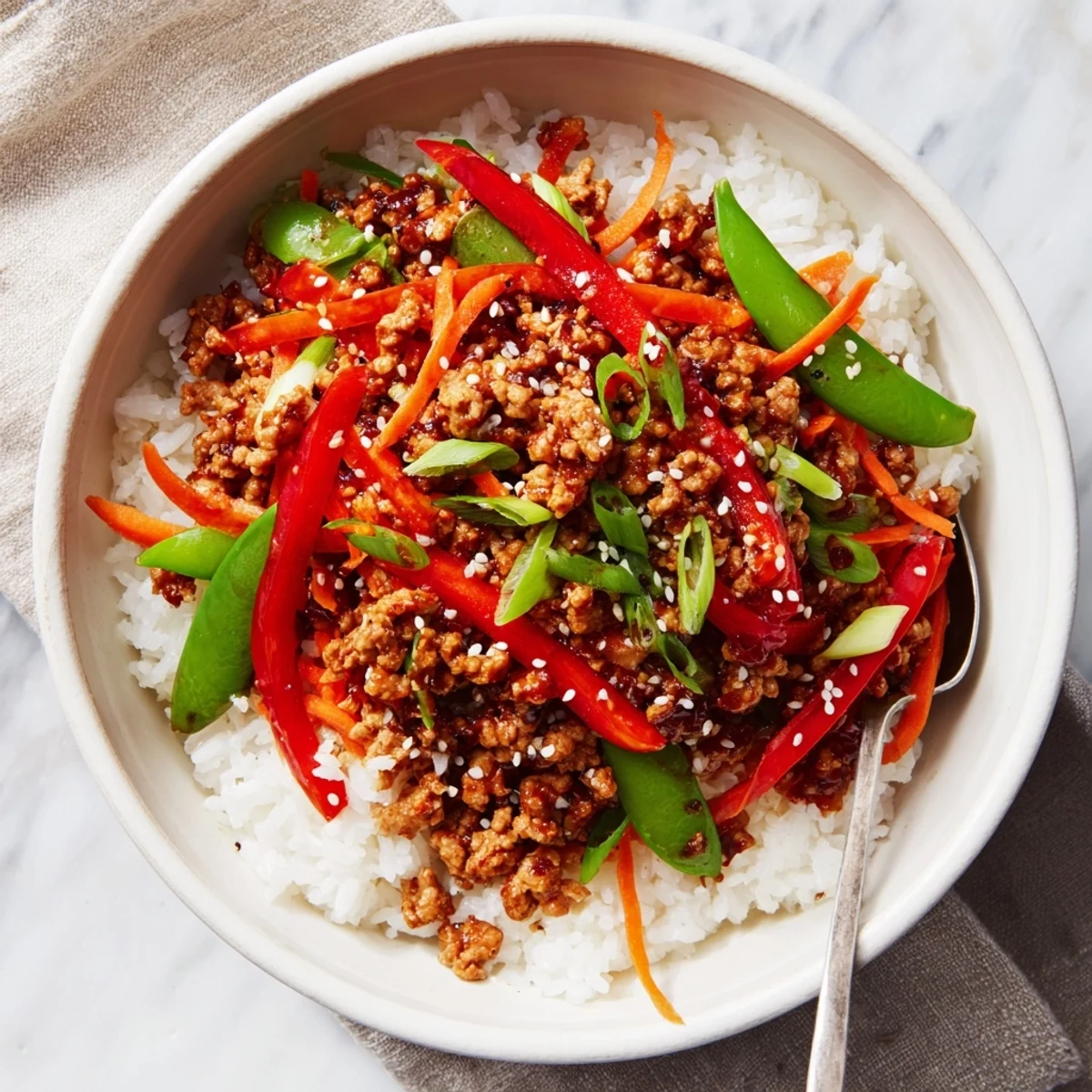 Steaming Teriyaki Turkey Rice Bowls topped with glossy sauce, crisp vegetables