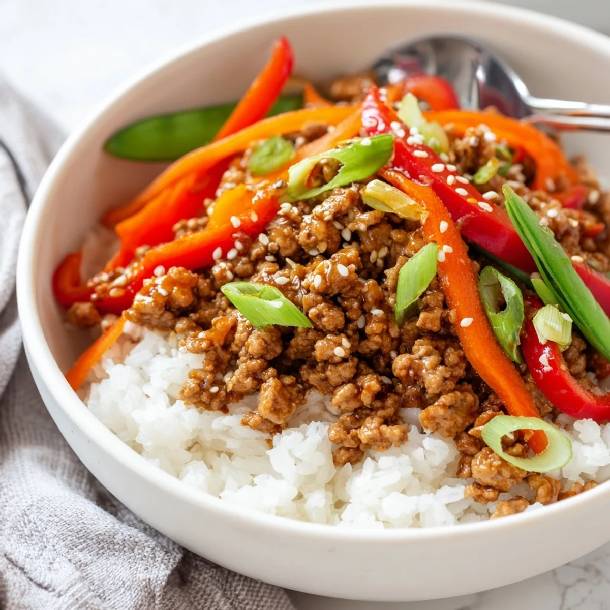 Teriyaki Turkey Rice Bowls showcase tender ground turkey, crunchy snap peas, sesame