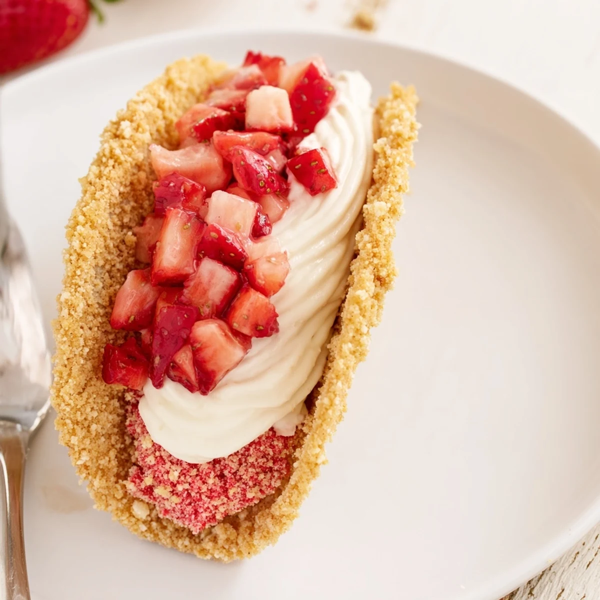 Strawberry Crunch Cheesecake Tacos with creamy filling and crisp golden shells