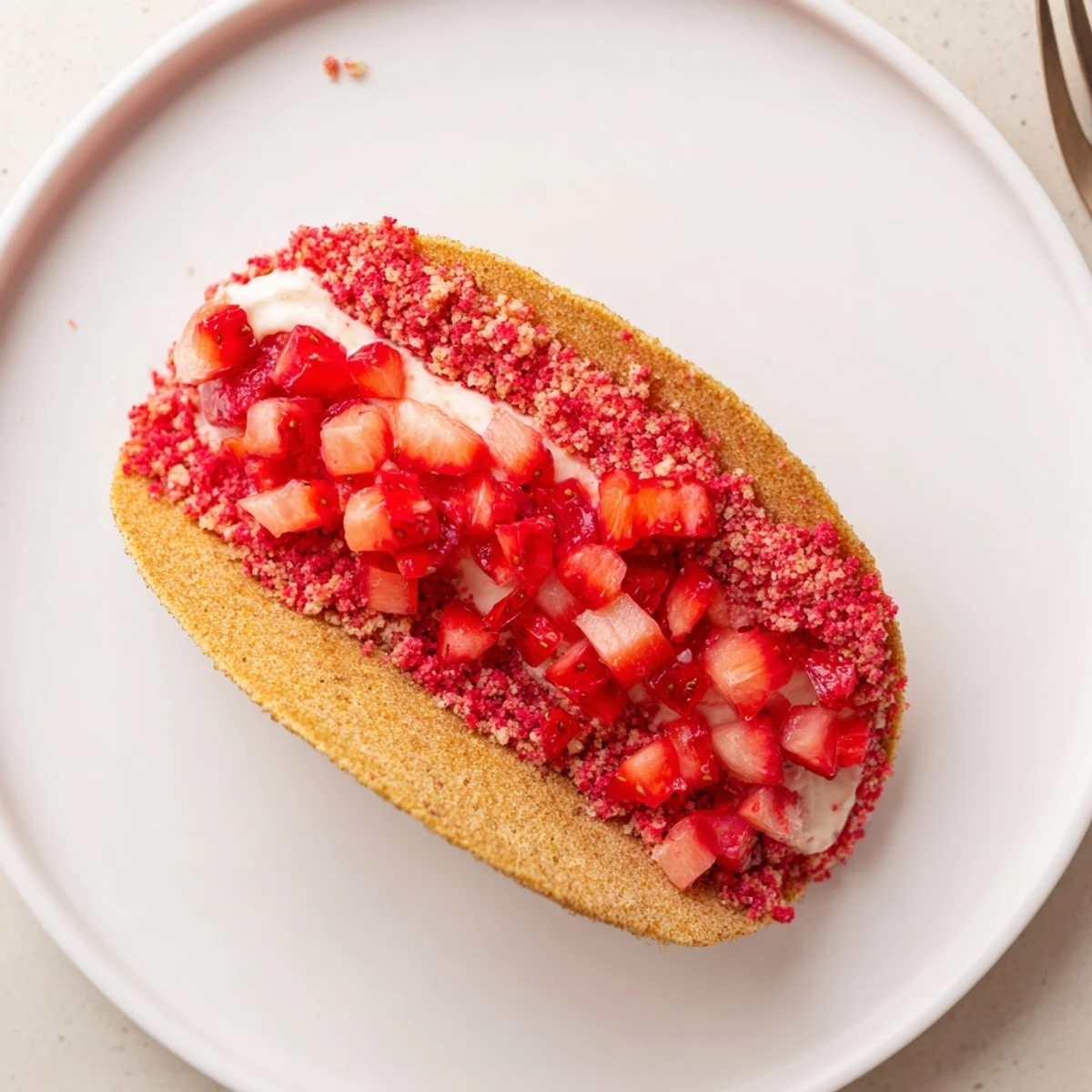 Freshly assembled Strawberry Crunch Cheesecake Tacos topped with diced strawberries, chilled