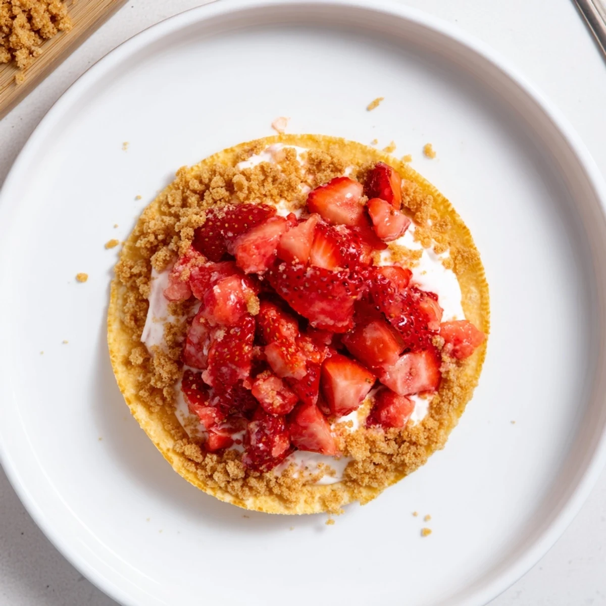 Warm cinnamon shells hold Strawberry Crunch Cheesecake Tacos, perfect for summer parties
