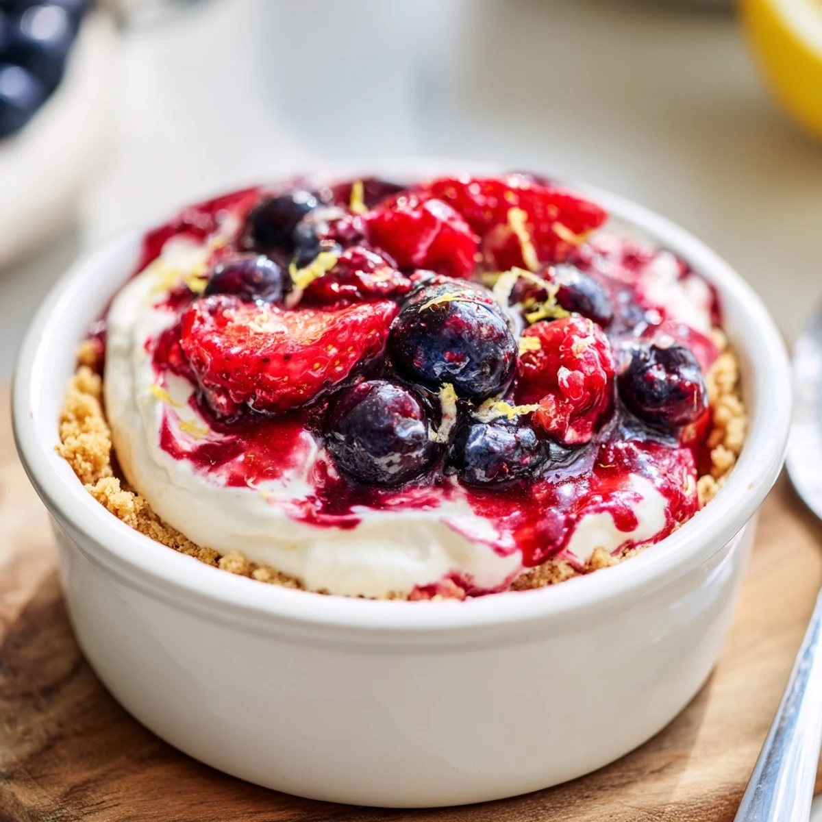 Berry No Bake Cheesecakes topped with glossy mixed berries and lemon zest