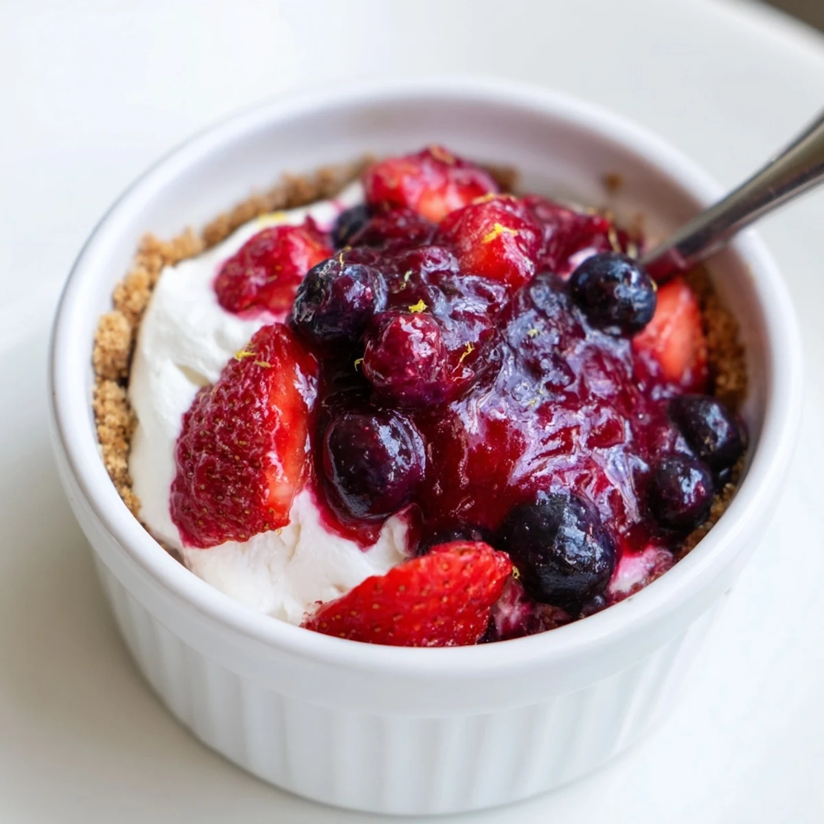 Chilled Berry No Bake Cheesecakes in glasses with crunchy graham-cracker base