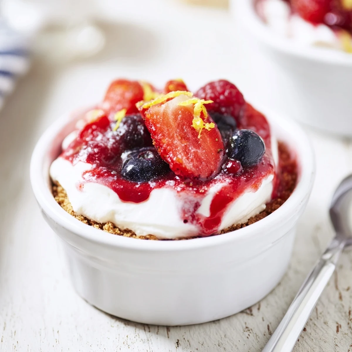 Spoon-ready Berry No Bake Cheesecakes, sweet-tart compote glistening, creamy filling