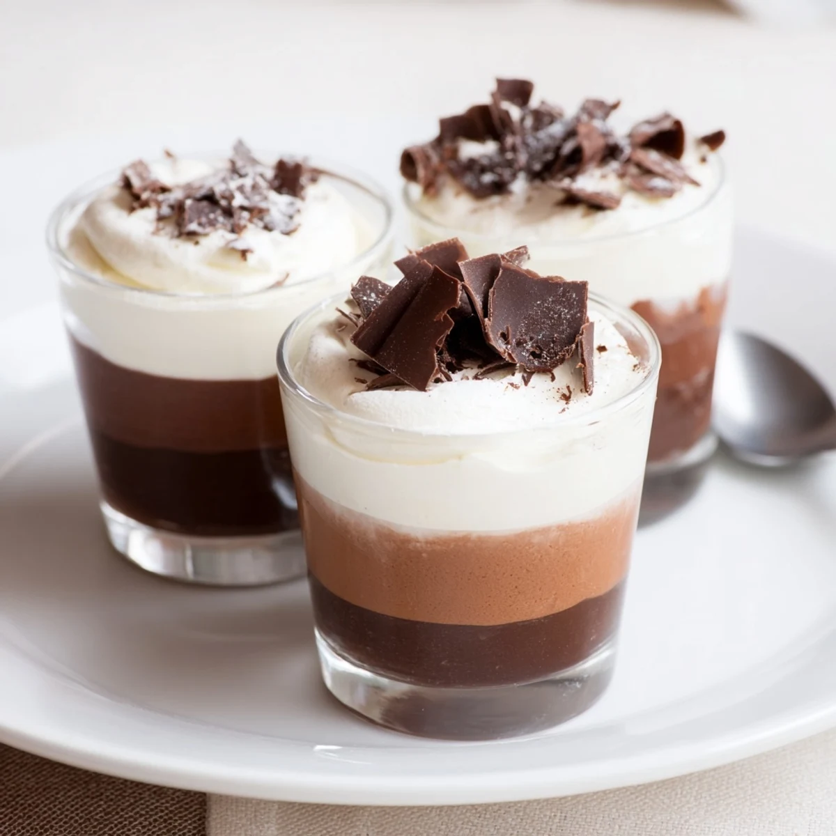Triple Chocolate Mousse Cups glistening with shaved chocolate, layered creamy dark, milk, and white