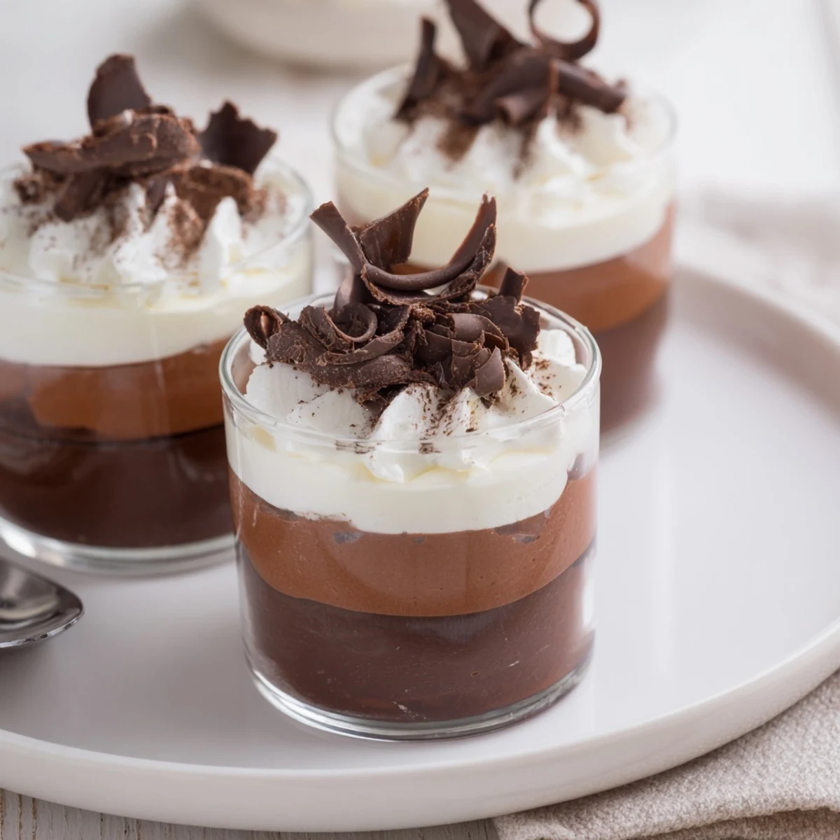 A close-up of Triple Chocolate Mousse Cups served with cocoa dusting, chilled