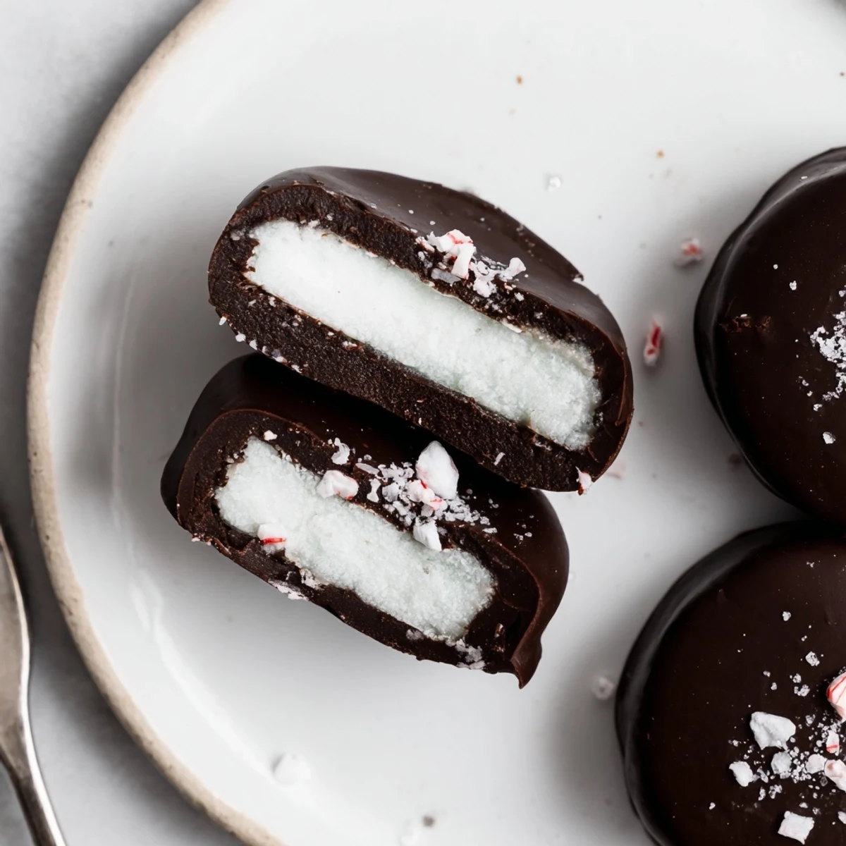 Peppermint Patties glossy dark chocolate shells hiding bright cool mint centers  