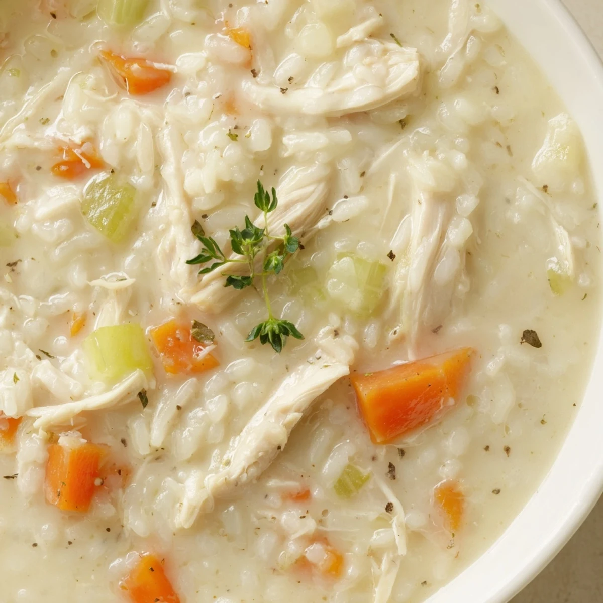 A cozy bowl of Creamy Chicken Rice Soup garnished with parsley, crusty bread