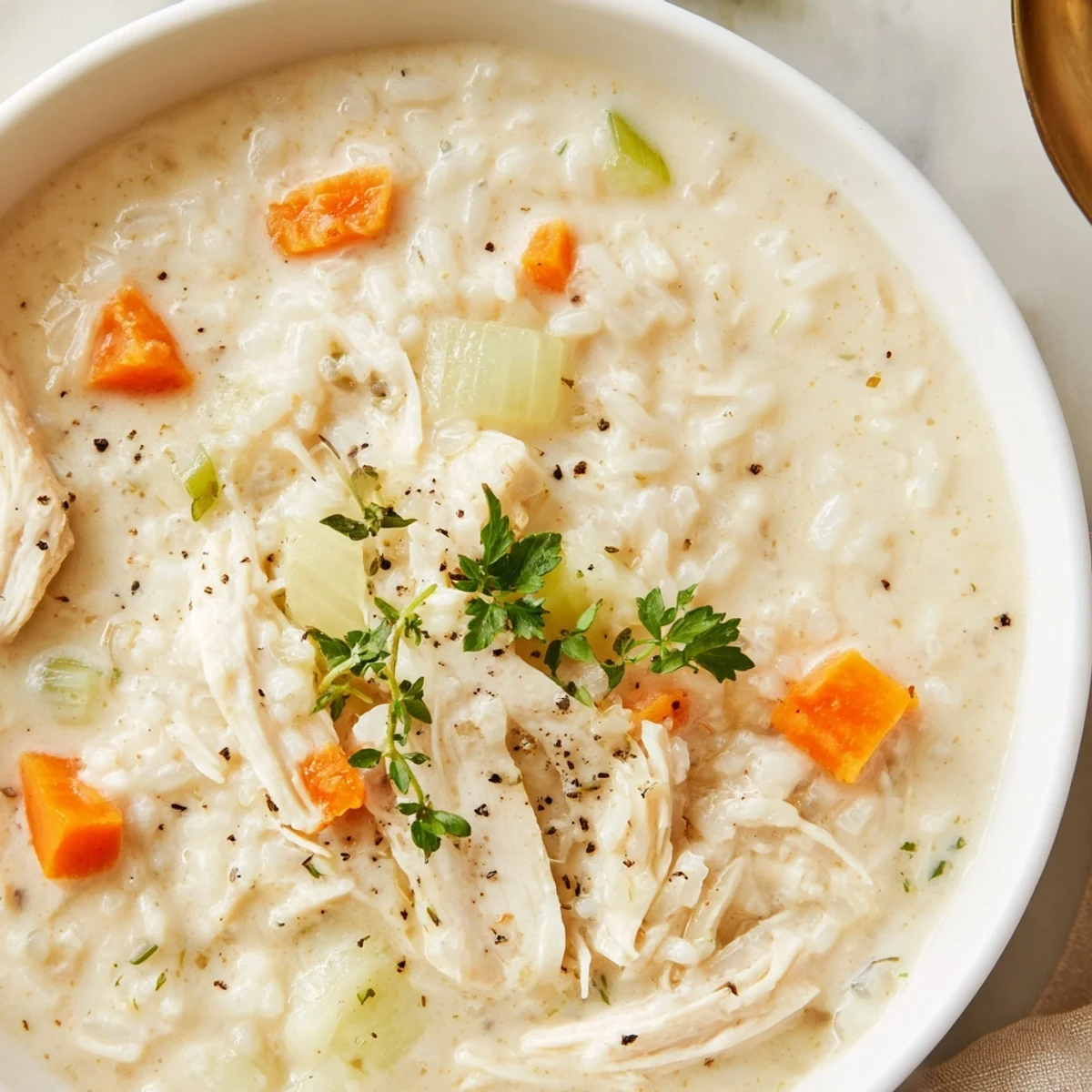 Creamy Chicken Rice Soup steaming in bowl with shredded chicken and fluffy rice