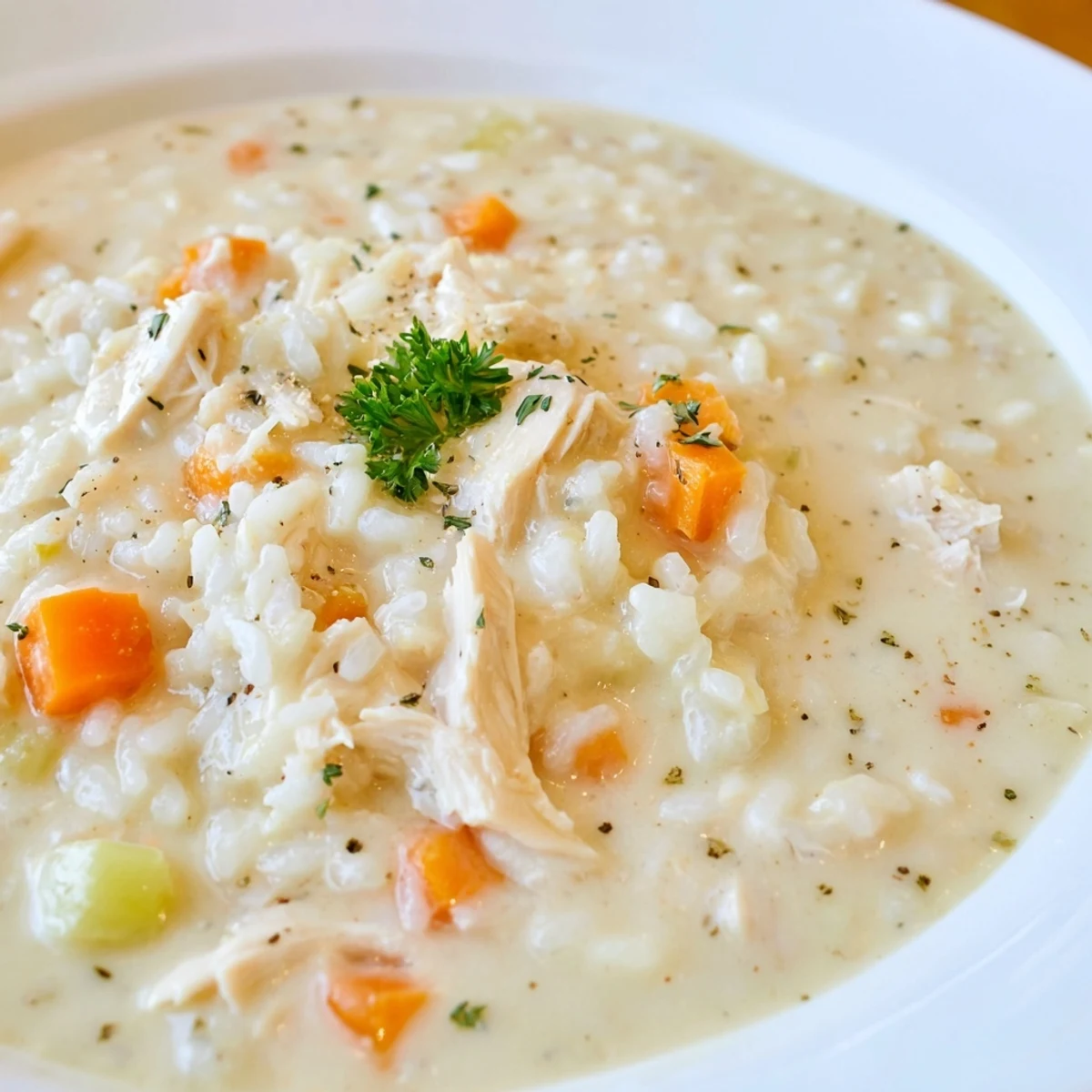 Velvety Creamy Chicken Rice Soup simmered gently, carrots and celery visible