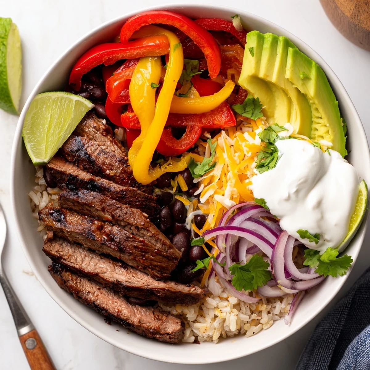 Steak Fajita Power Bowls with sizzling marinated steak, colorful peppers, lime