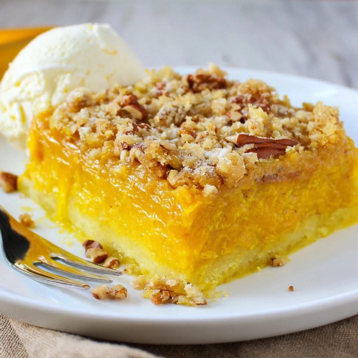 Warm Pumpkin Dump Cake bubbling with spiced pumpkin, buttery pecan crunch