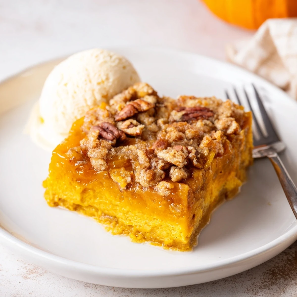 Sliced Pumpkin Dump Cake on plate, topped with melting vanilla ice cream