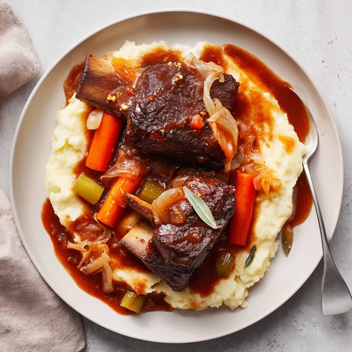 Slow Cooker Beef Short Ribs bathing in glossy sauce, tender fork ready meat