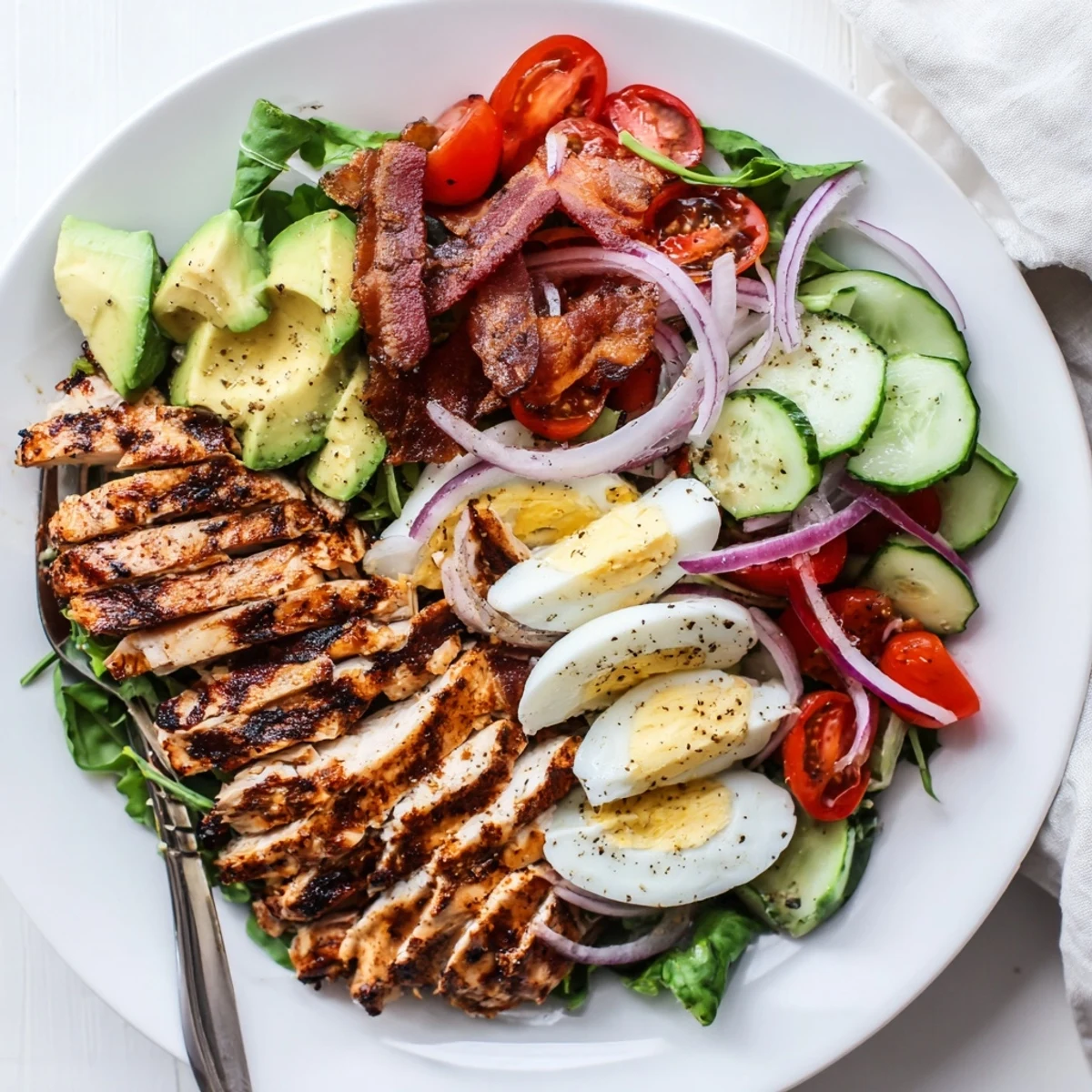 Smoky, charred slices highlight Paleo Grilled Chicken Cobb Salad with creamy avocado.