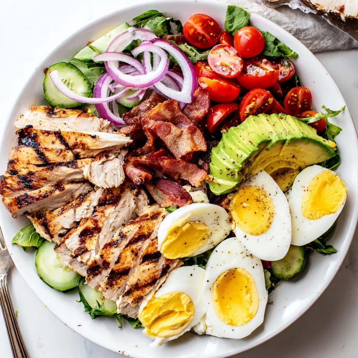 Paleo Grilled Chicken Cobb Salad plated for lunch, bacon crumbles and tangy dressing.