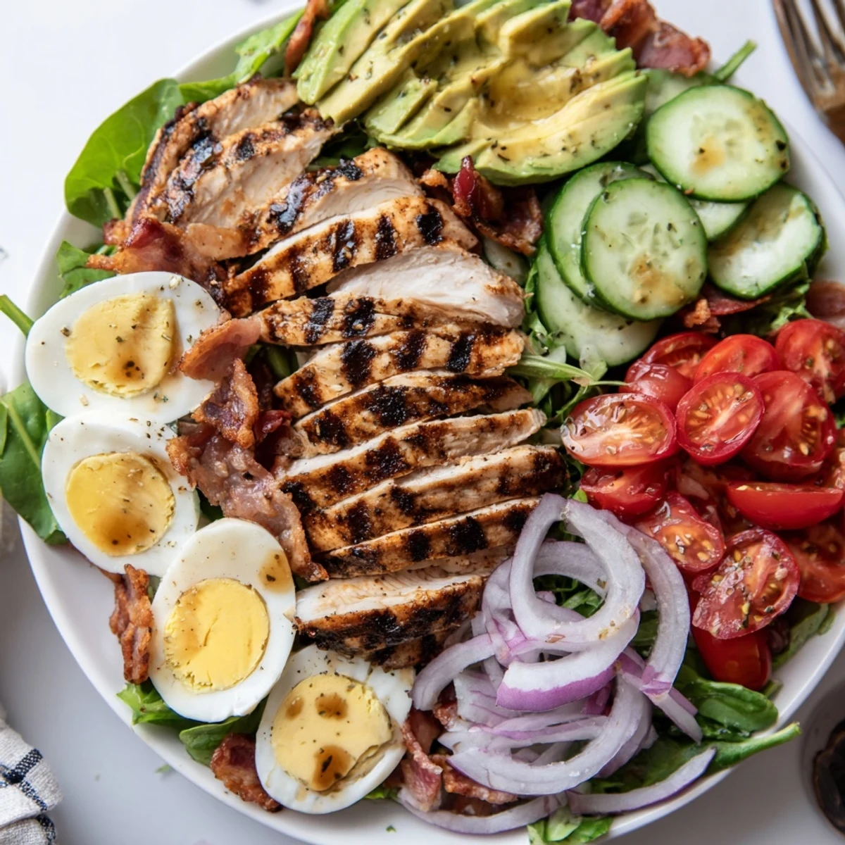 Bright bowl shows Paleo Grilled Chicken Cobb Salad topped with sliced eggs.