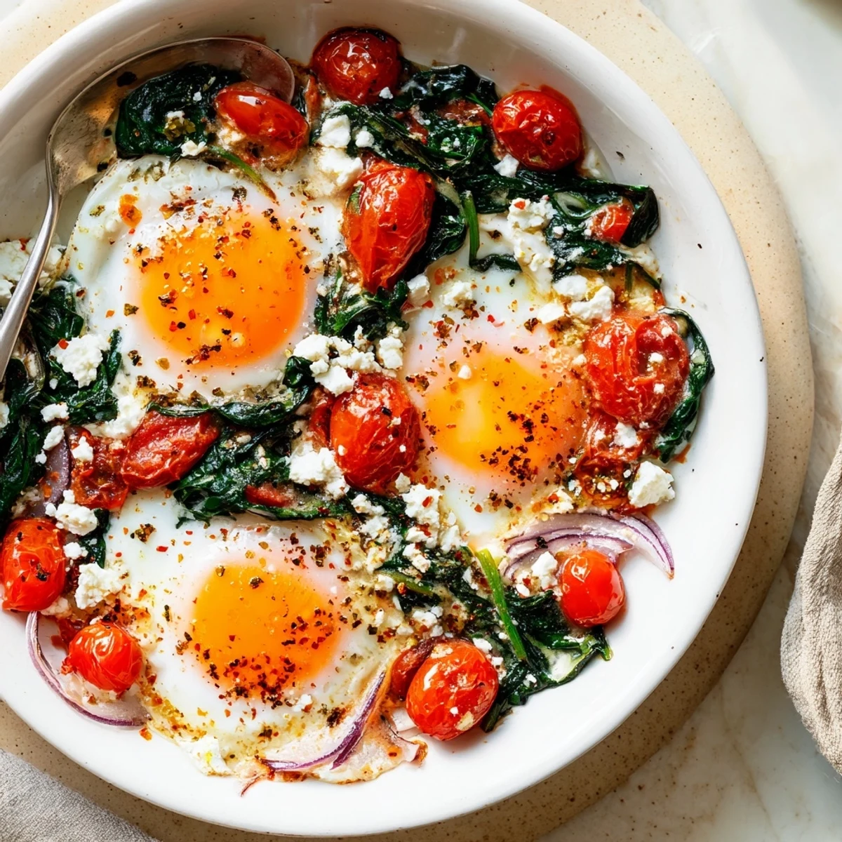 Baked Feta Eggs With Tomatoes And Spinach bubbling in skillet, golden edges