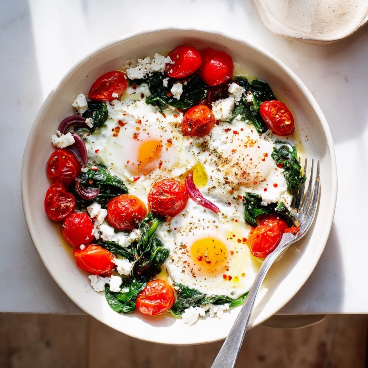 Rustic Baked Feta Eggs With Tomatoes And Spinach, runny yolks, warm pita