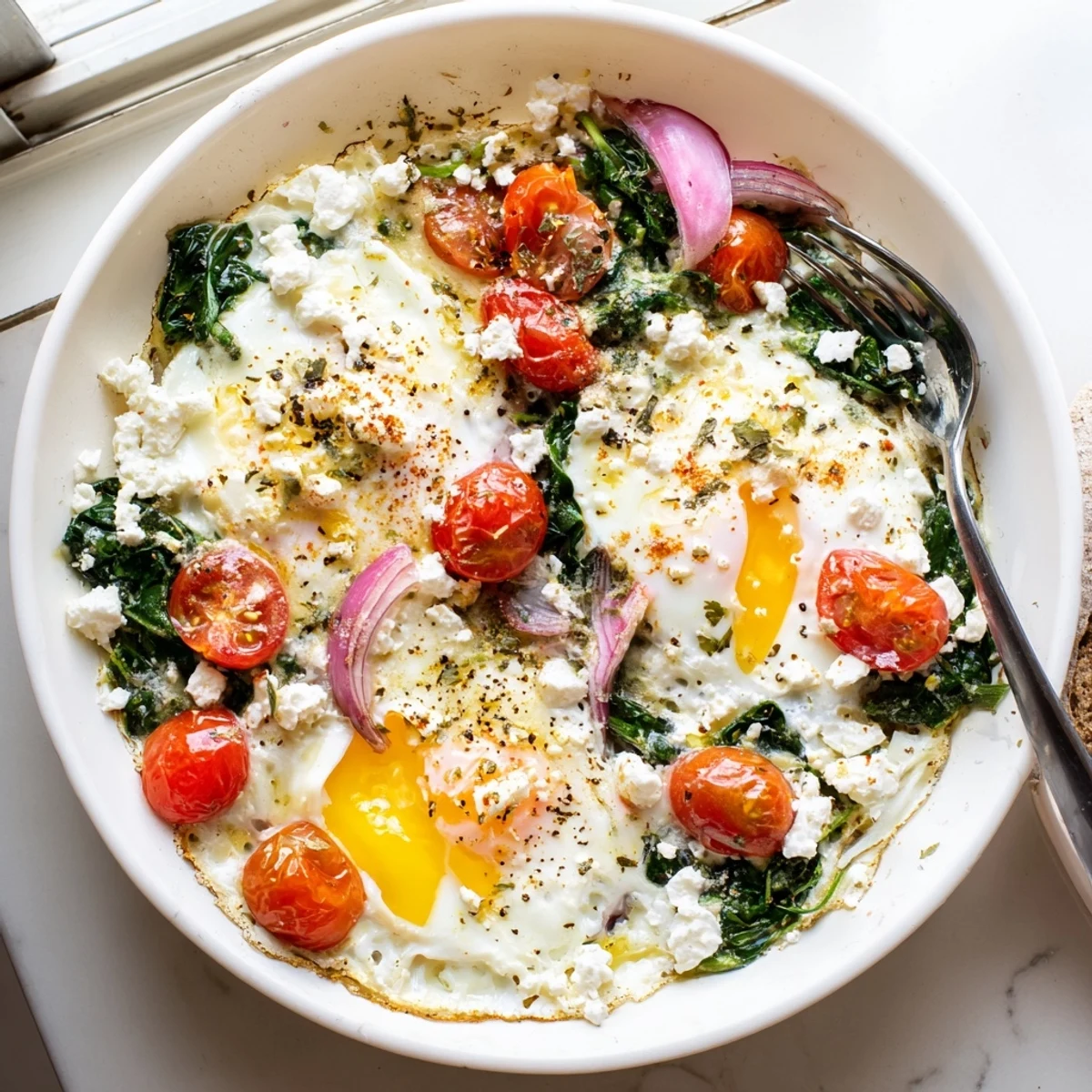 Cherry tomatoes and oregano scent rising from Baked Feta Eggs With Tomatoes And Spinach