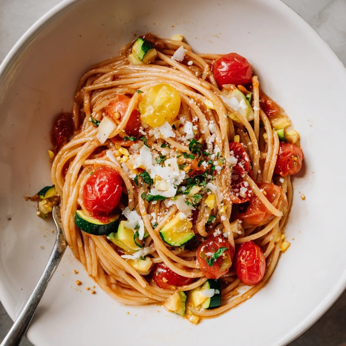 Tomato Zucchini Pasta steaming in skillet, tender zucchini and burst cherry tomatoes