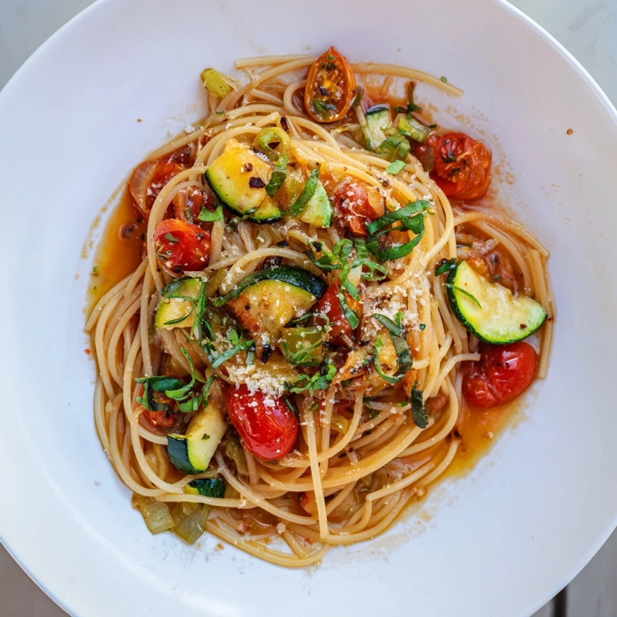 Bright Tomato Zucchini Pasta tossed with Parmesan and fresh basil garnish