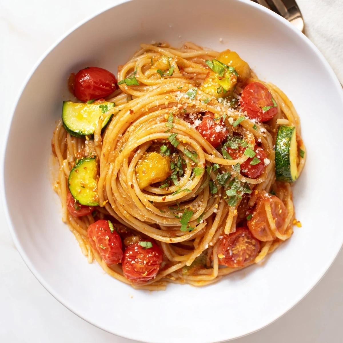 Weeknight Tomato Zucchini Pasta served in warm bowls, garlicky aroma, basil