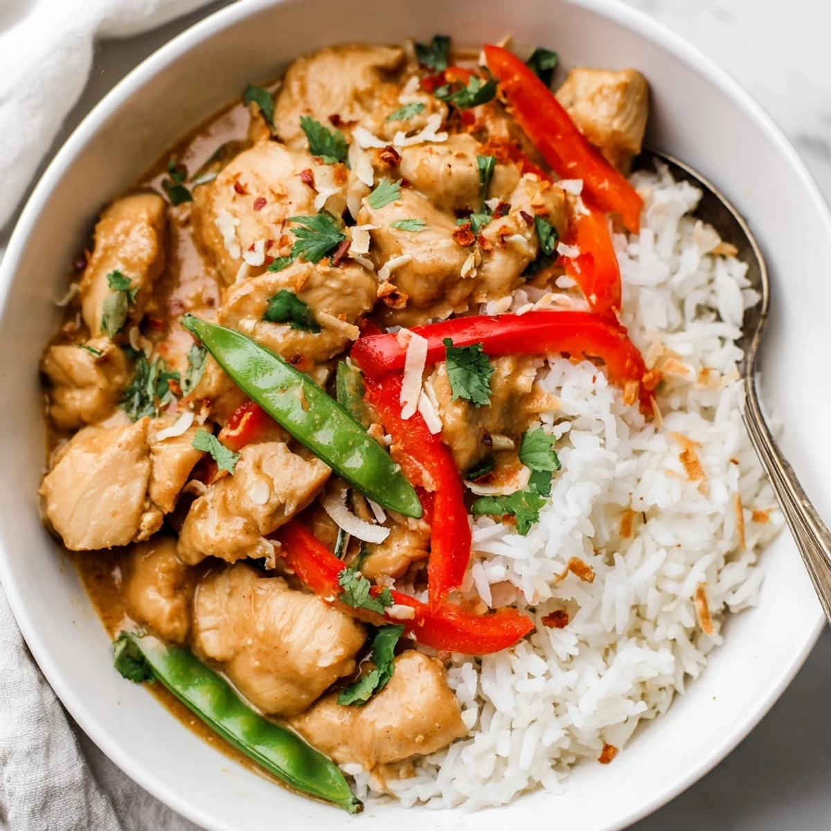Coconut Chicken Rice Bowl with silky sauce, tender chicken, fluffy jasmine rice