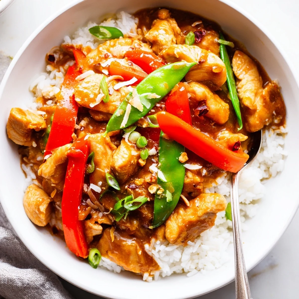 Weeknight Coconut Chicken Rice Bowl: vibrant peppers, snap peas, tangy lime finish