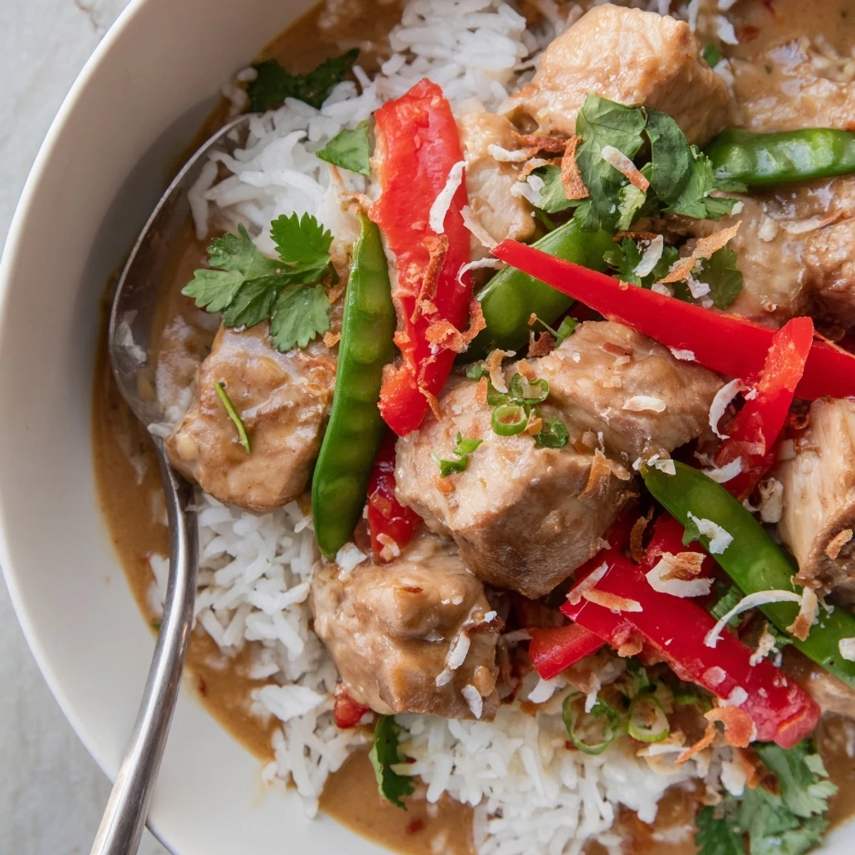 Steaming Coconut Chicken Rice Bowl topped with cilantro, toasted coconut flakes